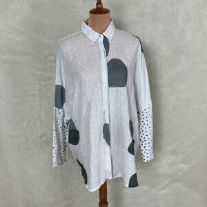 Banana Blue Long Sleeve Linen White, Gray Polka Dot Lagenlook Tunic Top NWT L